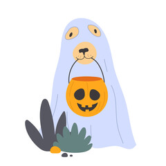 Flat style Halloween vector illustration with a dog dressed like a ghost with a jack o lantern. Dog trick or treating.