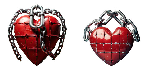 Metal chains secure a shiny red heart lock transparent background