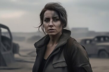 Woman with scars and soot spots on her face. In dirty and worn clothes. Post-apocalyptic wasteland with devastation in the background in muted tones. Generative AI