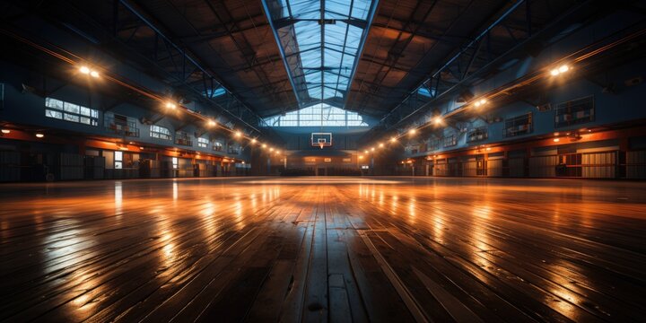 An empty basketball court with lights shining on it. Fictional image.