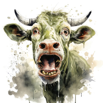 Watercolor illustration of the expression of a mad cow suffering in the slaughterhouse Generative AI