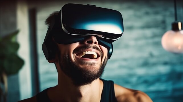 Generative ai, Metaverse concept, young man and woman wearing vr headset smiling playing and watching online at home