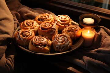 A plate of cinnamon rolls with icing and a candle. Fictional image.