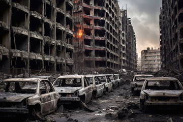 The ruins of a city devastated by war. Flames and destroyed buildings and cars.