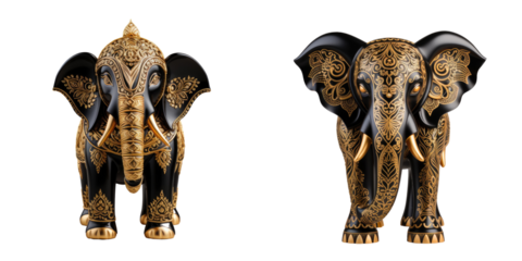 Resin elephant with an engraved black and gold pattern resembling a wooden carving placed on a transparent background isolated Used for decoration spa like atmosphere