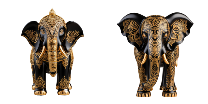 Resin elephant with an engraved black and gold pattern resembling a wooden carving placed on a transparent background isolated Used for decoration spa like atmosphere