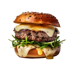 burger à la raclette avec fromage coulant et roquette - fond transaprent