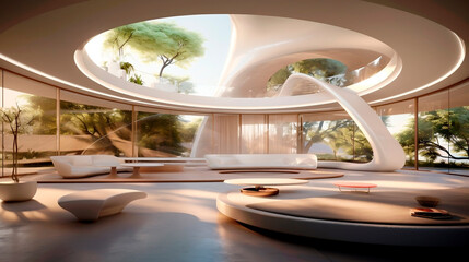 Fototapeta premium Twilight Tranquility: A Futuristic Smart Home's Cozy Haven