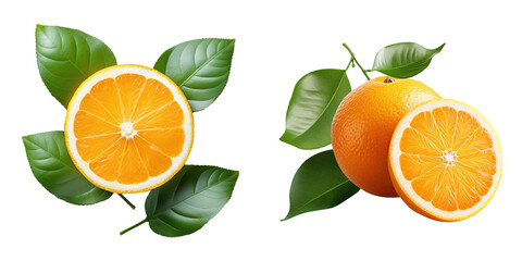 Orange fruit sliced with leaves on a transparent background