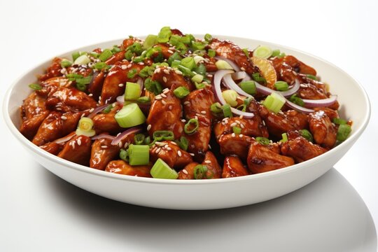 A white bowl filled with meat and vegetables. Fictional image. Spicy Kung Pao chicken dish.