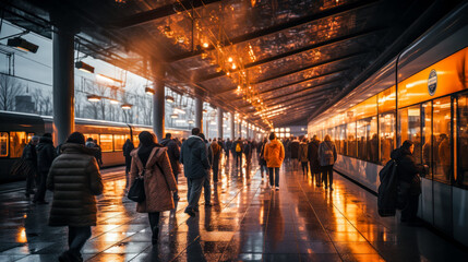 Fototapeta premium Bustling Urban Environment Teeming with Pedestrians Making their Way through the Busy Streets where Traffic creates a Captivating Play of M Movement Generative AI Digital Art Wallpaper Background