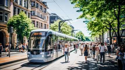 Obraz premium Bustling Urban Environment Teeming with Pedestrians Making their Way through the Busy Streets where Traffic creates a Captivating Play of M Movement Generative AI Digital Art Wallpaper Background