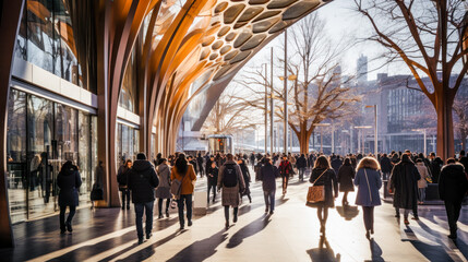 Obraz premium Bustling Urban Environment Teeming with Pedestrians Making their Way through the Busy Streets where Traffic creates a Captivating Play of M Movement Generative AI Digital Art Wallpaper Background
