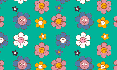 Groovy seamless patterns with funny happy daisy,flowers. Set of vector backgrounds in trendy retro trippy style. Hippie 60s, 70s style. Yellow, orange, beige colors.