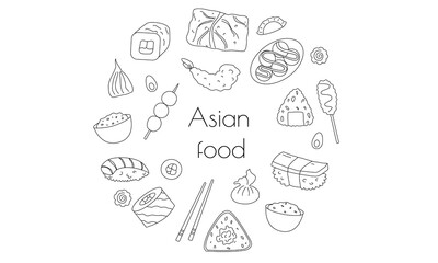 Asian food doodle set. Traditional food and drinks - sushi, noodles, ramen, udon, yakitori. Freehand vector drawing isolated on white background. 