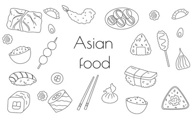 Asian food sketches. Sushi, miso soup, wok noodles. Vector set isolated on white background