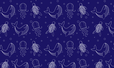 Seamless pattern with cute sea animals. Vector graphics on a white background, pecfect for wallpaper, wrapping paper, for designing prints on textiles, clothes, pillows, mugs.