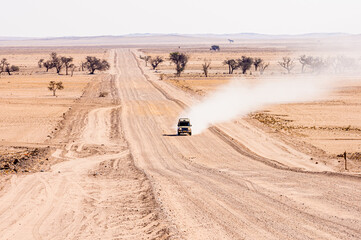 Pick-up truck creates a dust cloud as it dives through the Namib Desert, Namibia