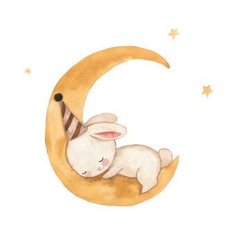 Watercolor bunny sleeping on moon illustration for kids
