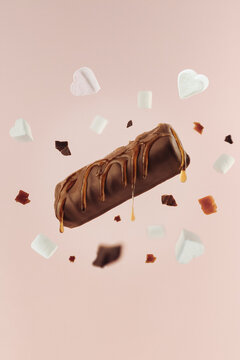 Chocolate bar levitation marshmallow slices in motion