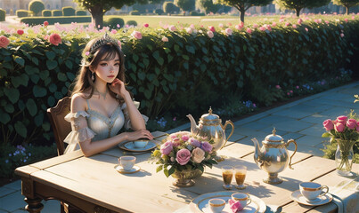 Fototapeta premium amazing garden view. girl visiting colorful and refreshing green garden flowers
