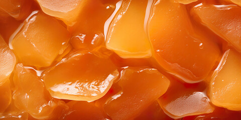 Sweet and sugary jam with chunks of fresh pear, vibrant orange in color
