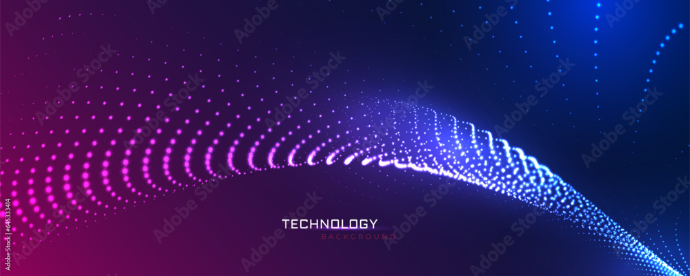 Poster abstract futuristic flowing dotted line digital technology background. 3d wave moving dots flow part