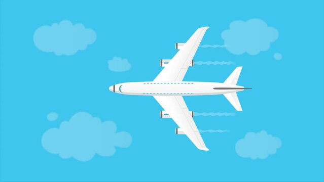 Airplane flying in the sky with clouds passing by, flat design style animation
