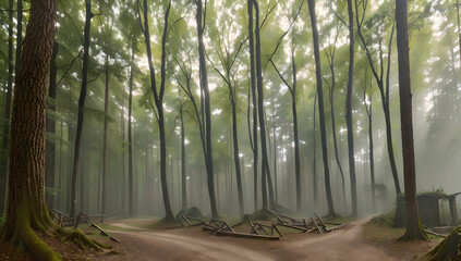 Forest road split in two with forest. Generative AI.