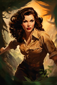 beautiful brunette woman running through jungle in adventure vintage pinup style 1940s painting