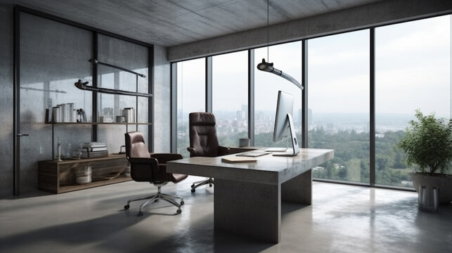 Corner of modern Industrial style open space office with white walls, concrete floor