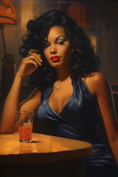 glamorous poc woman alone at bar in 1940s pin up oil painting style
