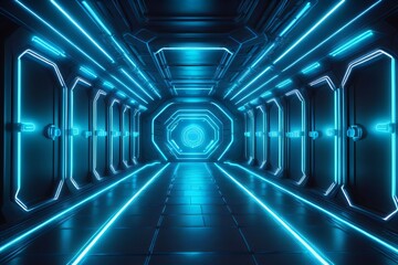 Naklejka premium Empty dark room with neon lights background concept made with Generative AI