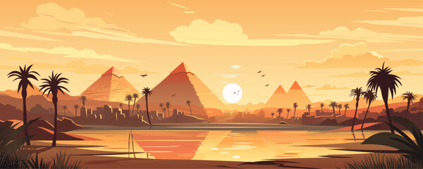 Beautiful Egyptian landscape. Amazing pyramids and sights of Egypt. Great pipamidy, city, palm trees and river at sunset. Travel and tourism concept.  - obrazy, fototapety, plakaty