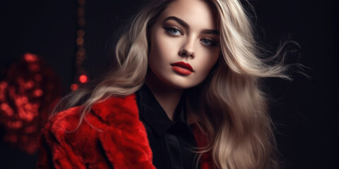 Naklejka premium Portrait of a Beautiful Young Woman with long Blonde Hair in red fur coat on a Black Background. Lady in Red