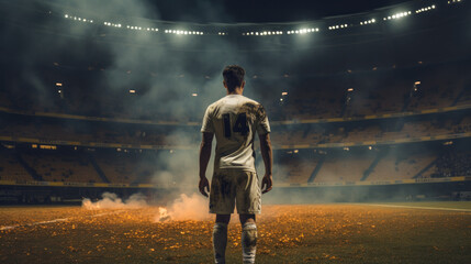 soccer player from behind, standing in a stadium, after an epic match, empty stadium, single player after the victory party, sport wallpaper, AI 