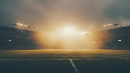 foggy stadium with a soccer court in the foreground after an epic match, intense lens flare, cinematic atmosphere, wallpaper, AI - obrazy, fototapety, plakaty