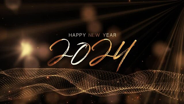 Happy New Year 2024 golden text with gold bokeh and gold particles wave with flare light cinematic title animation on black abstract background,