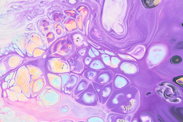 Exclusive beautiful pattern, abstract fluid art background. Flow of blending purple lilac paints mixing together. Blots and streaks of ink texture for print and design
