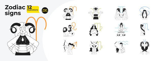 Zodiac signs monochrome concept vector spot illustrations bundle. Woman horoscope symbols 2D flat bw cartoon characters for web UI design. Astrology isolated editable hand drawn hero images collection