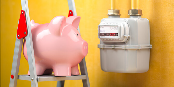 Saving natural gas, energy costs and energy efficiency concept. Piggybank ona ladder and gas meter.