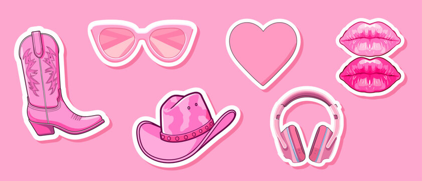 Set Female pink cowboy hat isolated illustration girl wears hat boots. Wild west theme. Vector Western  illustration for party poster or stickers. Girl power, glamour cowgirl barbiecore barbie style