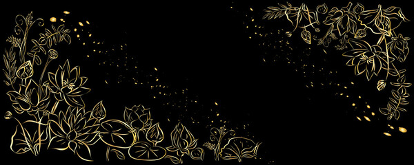 Golden botany banner.Japanese style  Hand drawn vector illustration. Line art style design. Concept traditional Asian holiday card.