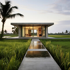 Fototapeta premium A minimalist concrete exterior house design in the middle of a paddy field, House on a rice paddy field