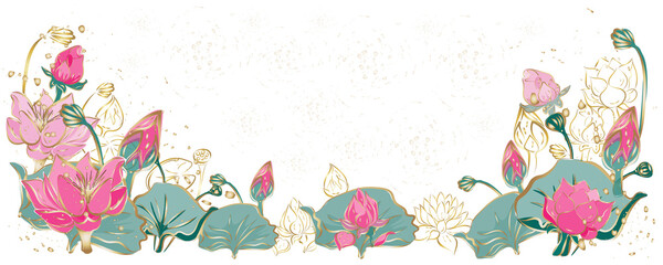 Golden botany banner.Japanese style  Hand drawn vector . Line art style design. Concept traditional Asian holiday card.