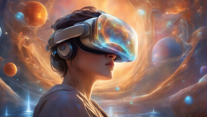 Woman exploring new worlds with virtual reality headset. Generative AI