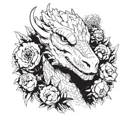 Dragon portrait in flowers cartoon hand drawn sketch illustration Wild animals