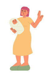 Woman stop gesture semi flat color vector character. Asian mother holding baby. Editable full body person on white. Simple cartoon spot illustration for web graphic design