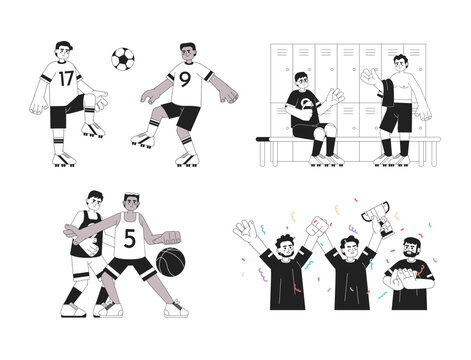Team sport monochrome concept vector spot illustrations set. Playing football, basketball. Winning 2D flat bw cartoon characters for web UI design. Isolated editable hand drawn hero image collection