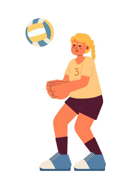 Caucasian female volleyball player semi flat color vector character. Game. Strong woman kicking ball. Editable full body person on white. Simple cartoon spot illustration for web graphic design